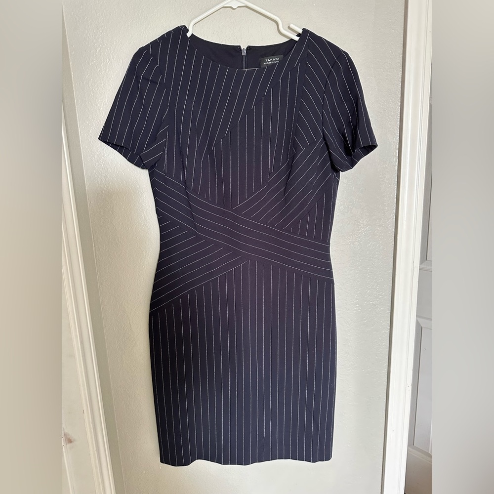 Tahari blue pinstripe sheath dress. Size 8.